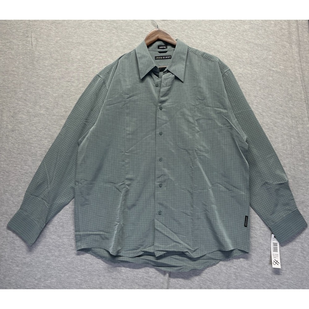 John Henry Ultra Feel Shirt Mens Large Olive Green Grid Modal Pleated Button Up